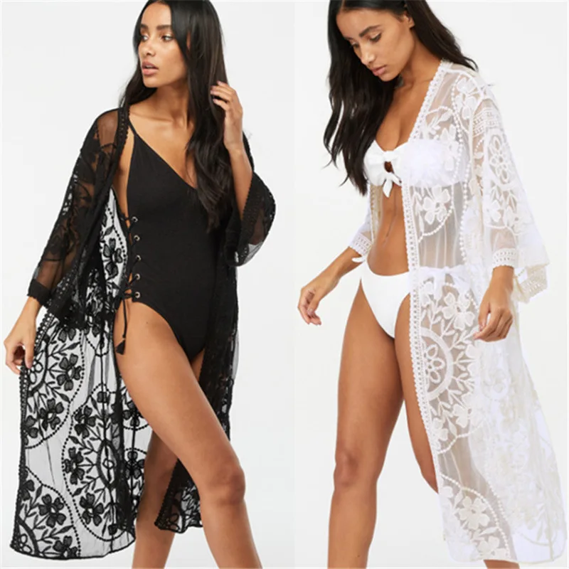 

Bohemian Beach Cover Up Lace Mesh Hook Beach Cardigan Sunscreen Bikini Swimsuit Kimono CoverUps, Customized colors