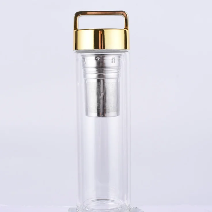

Portable Glass Water Bottle Double wall Tea Glass Bottle Large Capacity Glass Cup Long Tea Filter Screen, Gold, rose gold, sliver