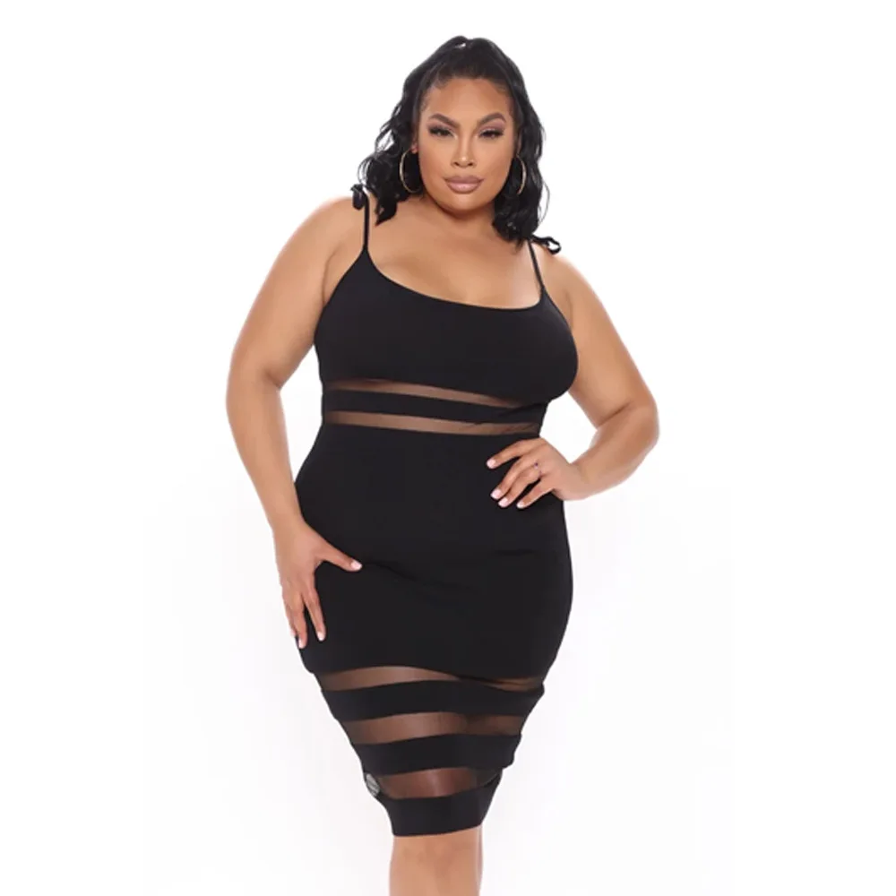 

Black sexy plus size women clothing Bodycon lace stitching perspective evening mini dress Spaghetti strips nightclub dresses, Shown