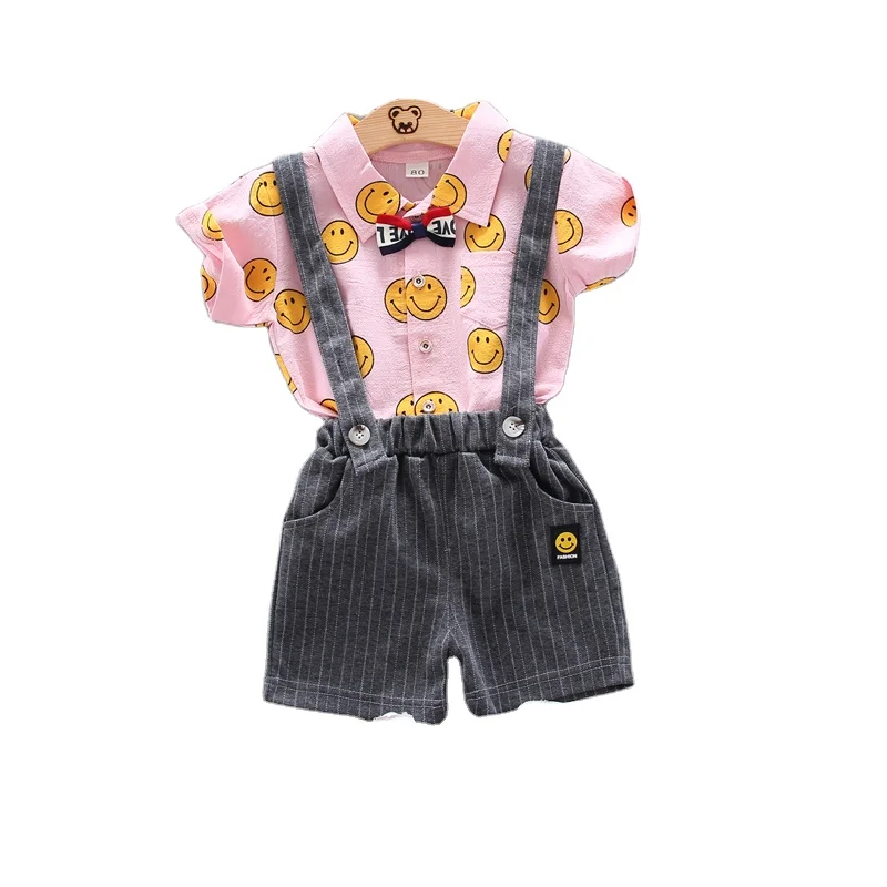 

2020 summer big boys fashion cartoon full print smiley short sleeved shirt striped short overalls sets kids clothing with casual, As pic shows, we can according to your request also