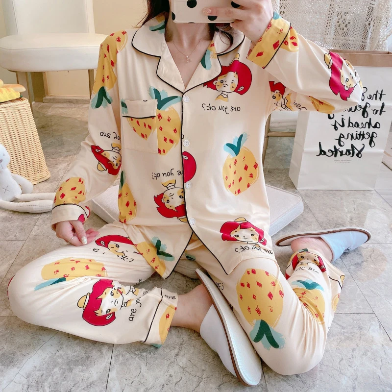 

JULY'S SONG Long Sleeve Sleepwear Casual Turn-down Collar Button Pajamas Set Cute Cartoon Printed Milk Silk Loungewear Female