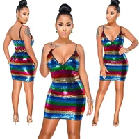 

European and American dress sling sexy nightclub v-neck sequined striped skirt women sexy clubwear