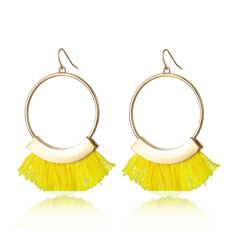 

JUHU New Bohemia ethnic round fan shape tassel alloy ear buckle simple earrings classic metal alloy jewelry for women, Colorful