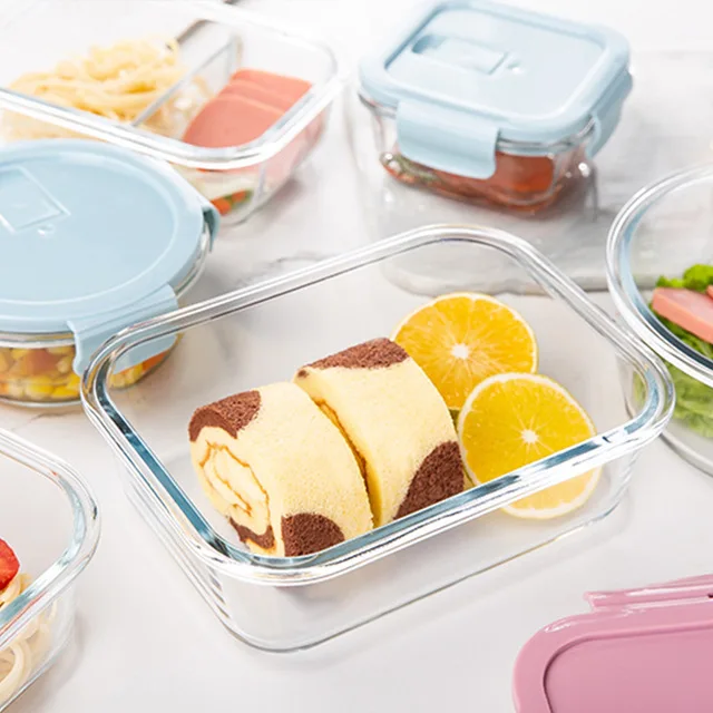 

Glass storage food container lunch boxes with plastic lid wholesale lunch box, Blue,green,pink