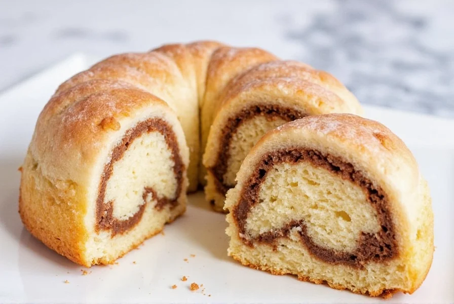 Moist cinnamon roll cake with cream cheese frosting on white ceramic plate, showing visible cinnamon swirls inside the slice