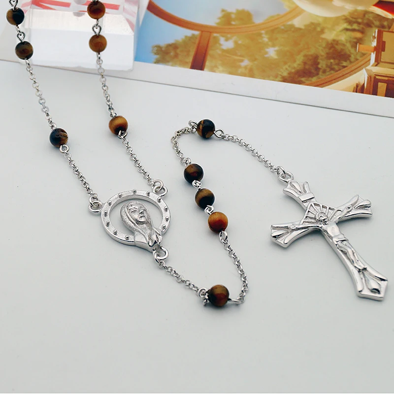 

Natural Stone Beads Rosary Catholic Necklace with Maria Center piece and Cross in Silver, Rose gold/rhodium available