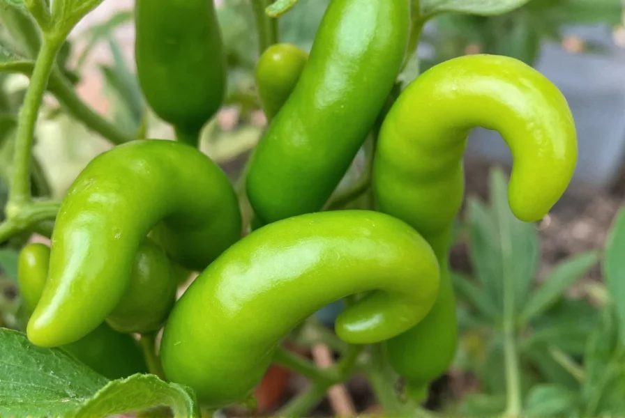 Close-up of mature Peter pepper plant showing distinctive curved fruits growing upright on compact bush