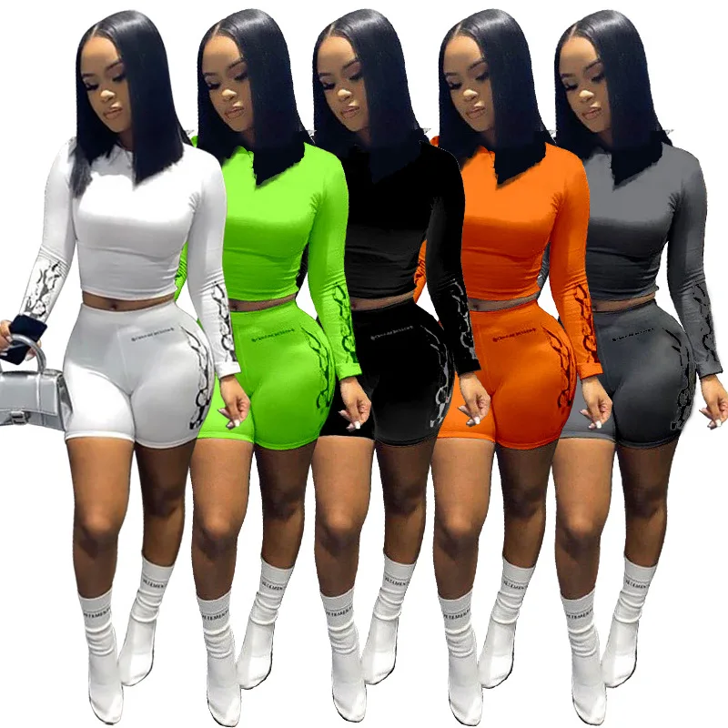 

2021 summer woman solid color long sleeve sports leisure 2 piece short set, Picture shows