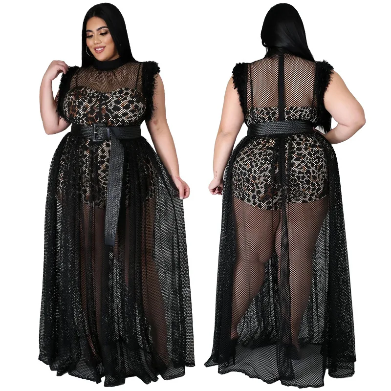 

LANOZY 2021 Summer Black See Through Sexy Mesh Women Clothing Maxi Plus Size Dress