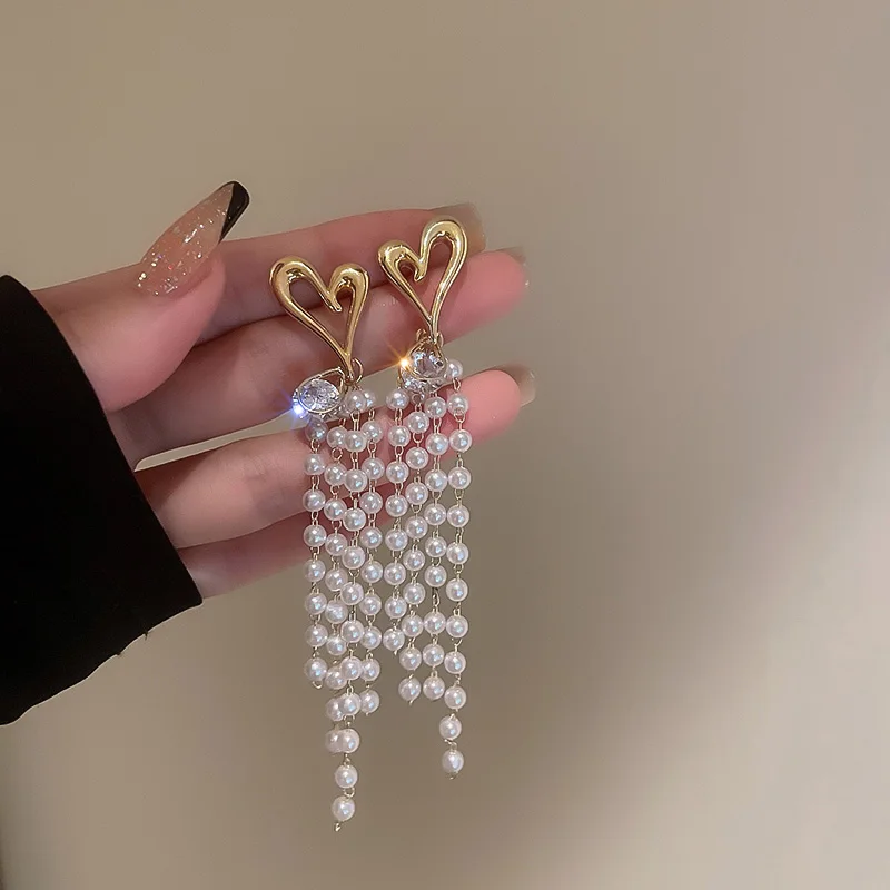 

pearl tassel crystal heart earrings drop
