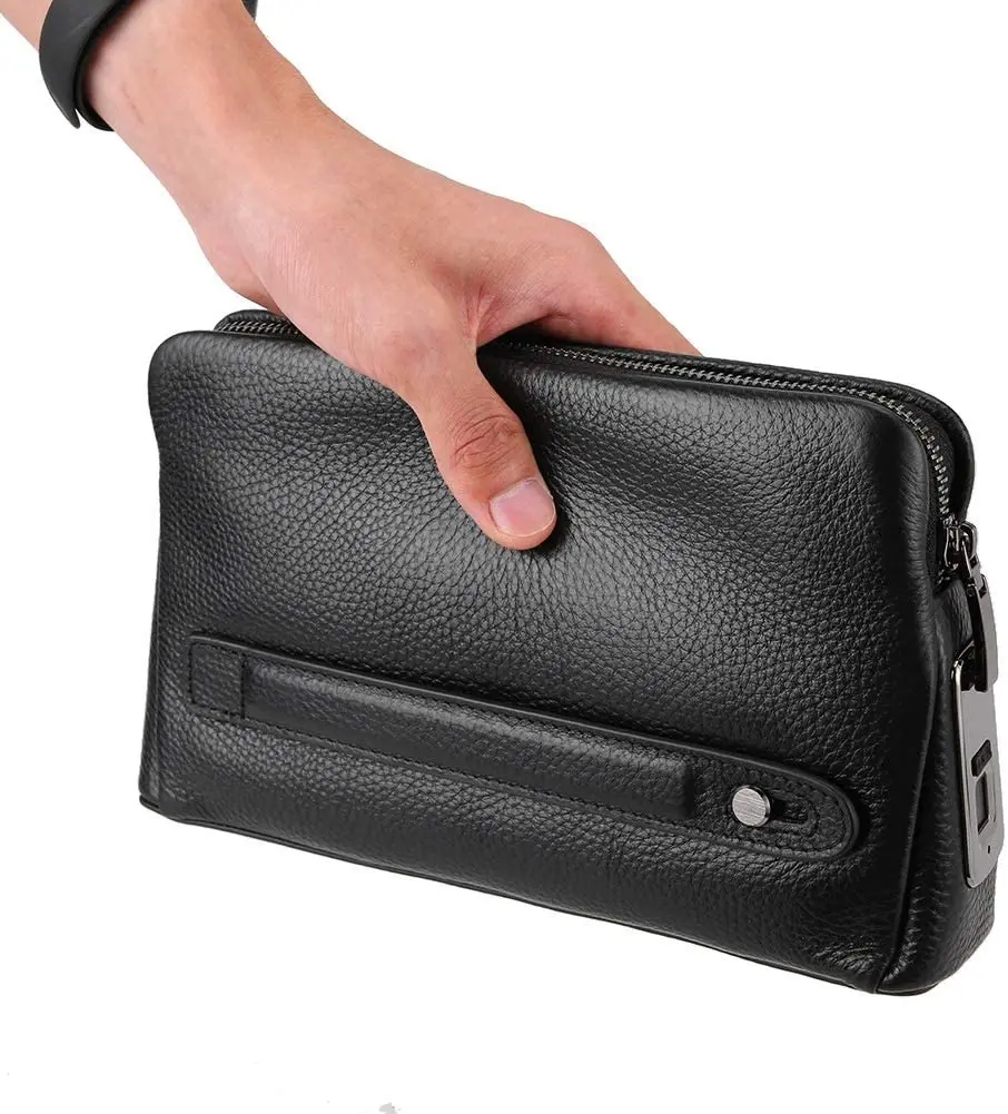 

New Simple design genuine leather fingerprint clutch purse handbags business men with fingerprint lock handbag, Black