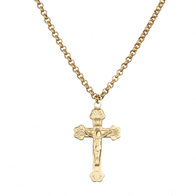 

Christian Jewerly Stainless Steel Gold Plating Stainless Steel Thick Chain Jesus Cross Pendant Necklace, Customized color