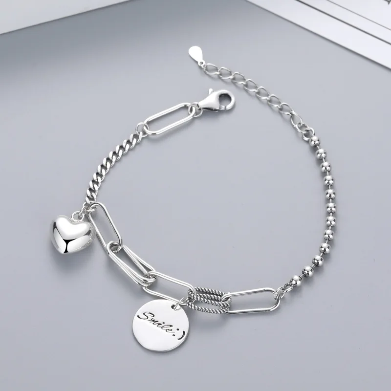 

HONGTONG Factory Outlet S925 Sterling Silver Retro Love Smiley Round Round Bead Hollow Woven Bracelet
