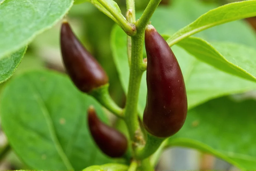 Close-up of chocolate ghost pepper pods showing their distinctive deep brown color against green foliage