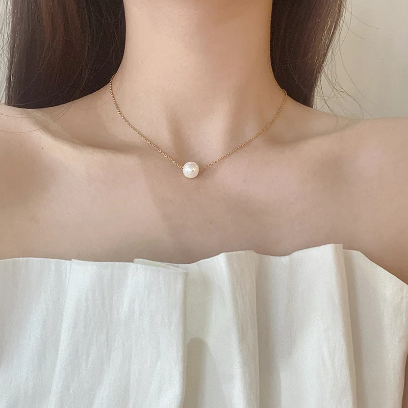 

INS Simple Stainless Steel Thin Link Chain Big Pearl Necklace Geometric Round Baroque Pearl Pendant Necklace