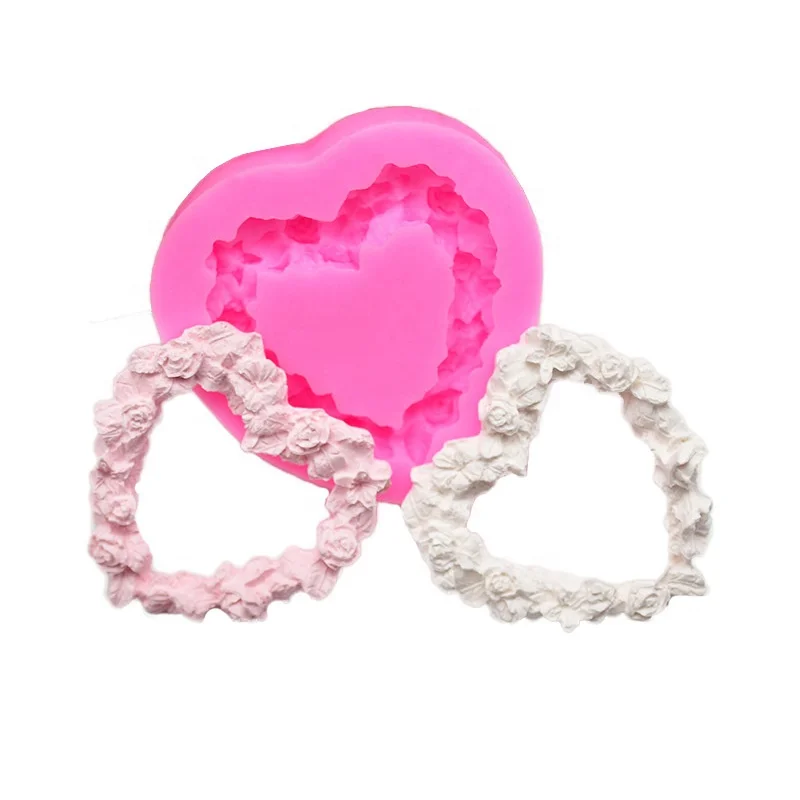 

Love heart Rose Wreath Fondant Silicone Mould Cake Decoration Handmade Soap Mold Aroma Gypsum Silicon Molds Baking, White and pink
