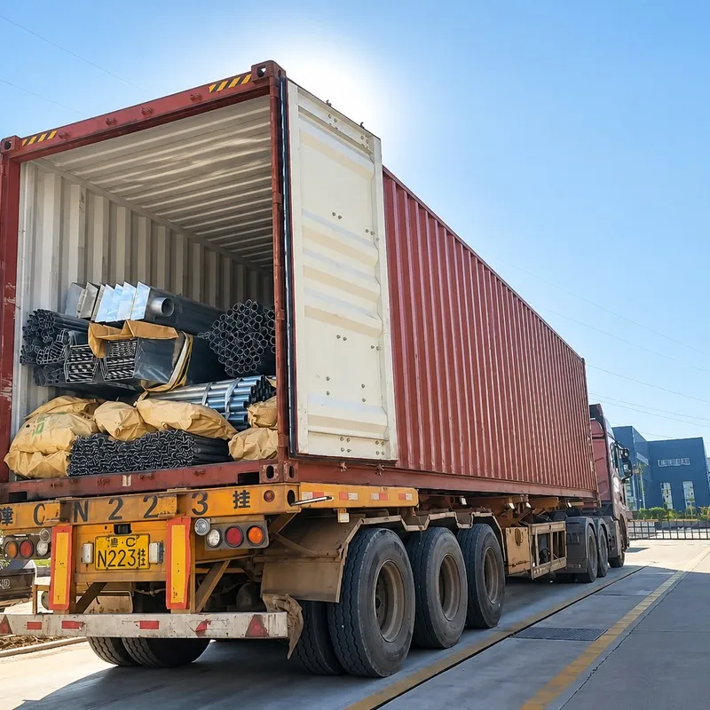 Shipping container loaded with galvanized greenhouse components.