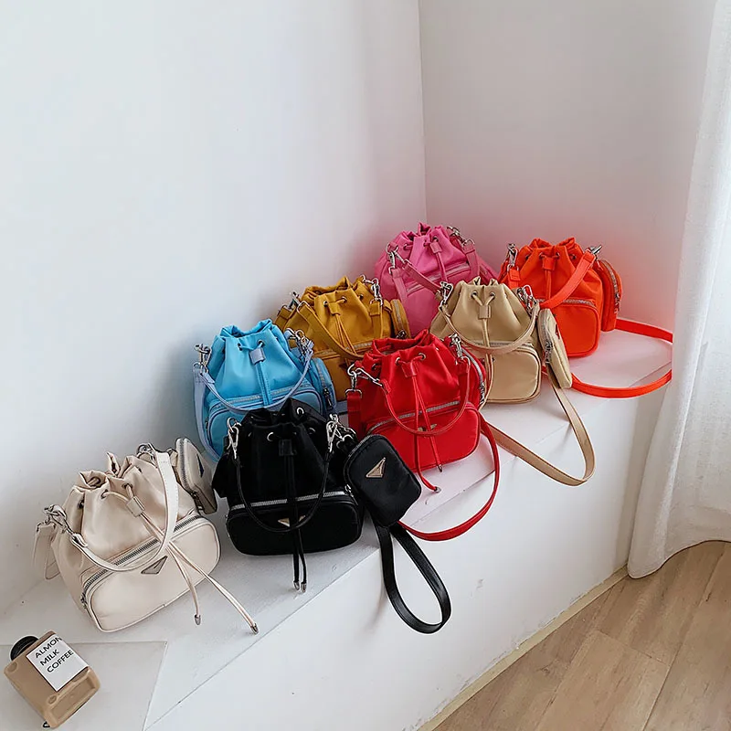

Hot sale nylon bucket bags multi color women triangle logo fashion crossbody shoulder purses and handbags, 8 colors