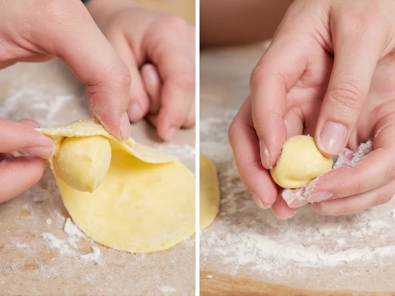 Hands shaping homemade tortellini step by step