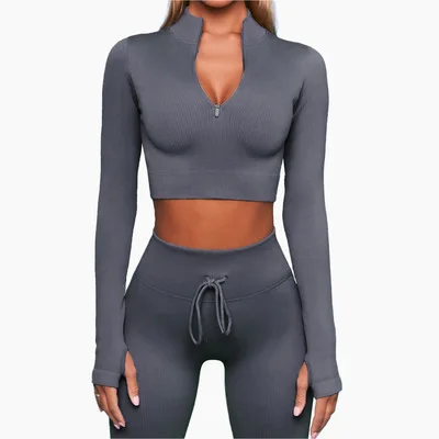 

2021 Seamless Ribbed Sport Fitness Yoga Set Long Sleeves Pullover Hood sweatsuit with Zipper Hi-waist Leggings Women Sweat Suit, Black gray blue or custom color