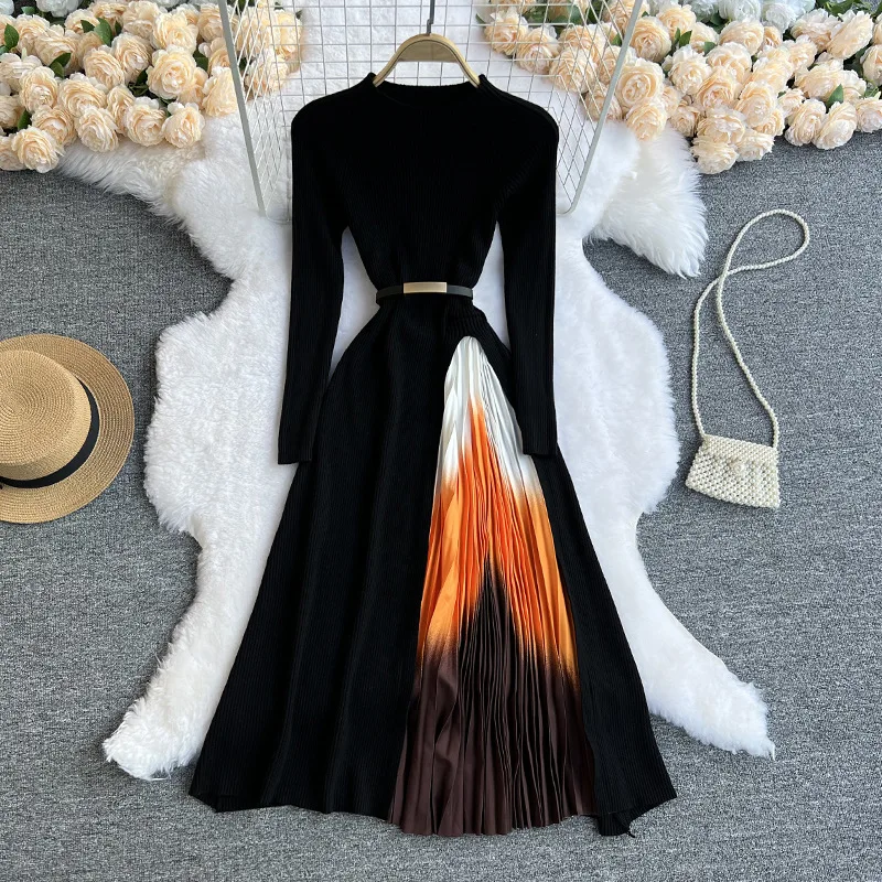 

2021 hot sale Gradient Color Pleated Slim Waist Patchwork Winter Long Sleeve Ladies Sweater Women Dress Elegant Casual Dresses, Picture