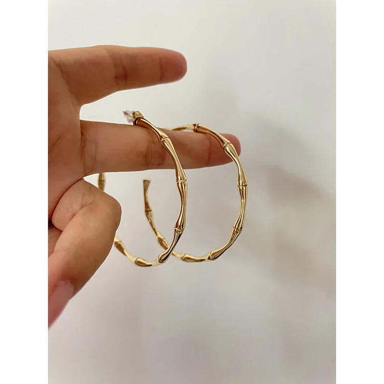 

57mm Stainless Steel C Shape Bamboo Earrings 18K Gold Plated Big Hoop Earrings Statement Minimalist Non Tarnish Jewelry 2021 Hot