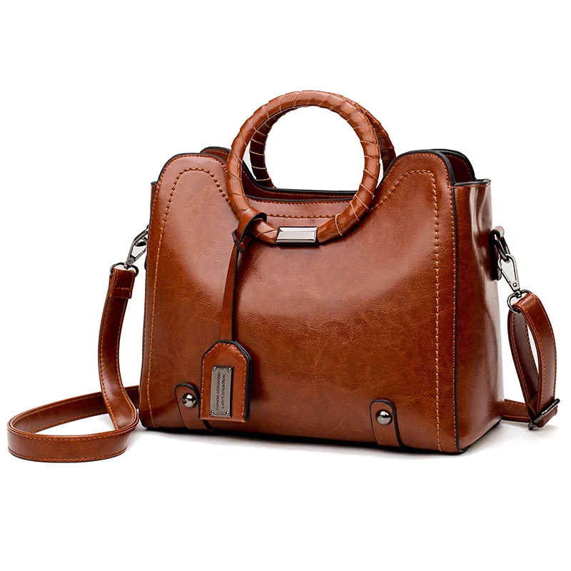 

Wholesale Fashion luxury retro ring handbag oil wax leather women shoulder bag, 3 colors