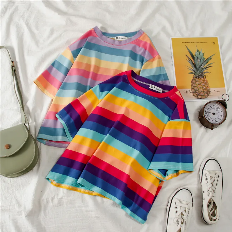 

Rainbow Stripe short sleeve T-shirt women loose short summer 2020 new Korean student T-Shirt Top, Light stripe,dark stripe