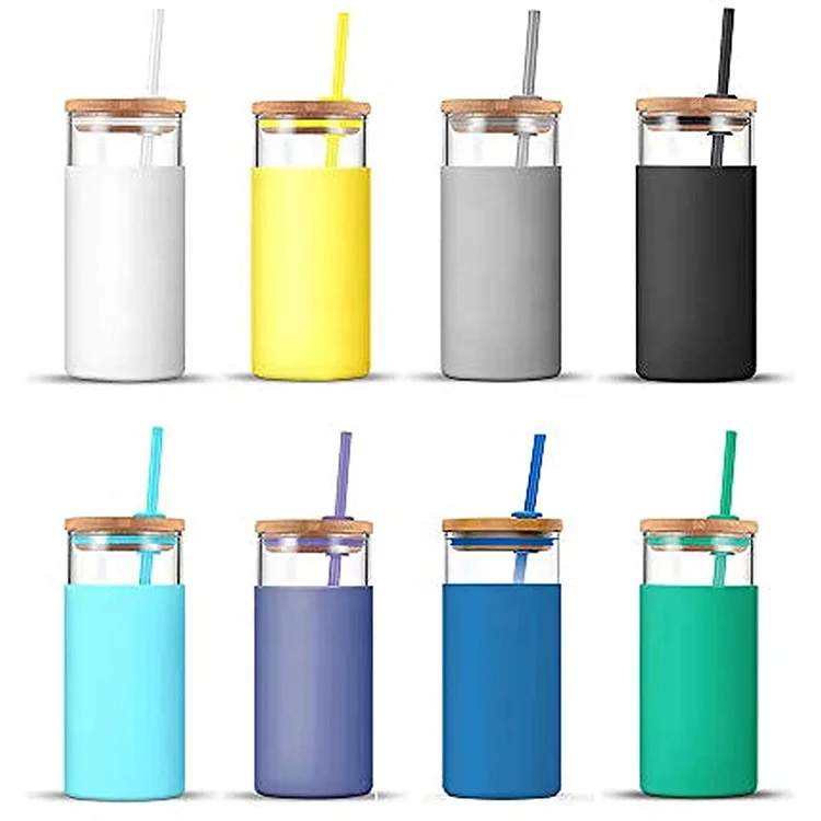 

Amazon Hot Sale 20oz Borosilicate Glass Tumbler Glass Water Bottle With Straw Silicone Sleeve Bamboo Lid, Customized color