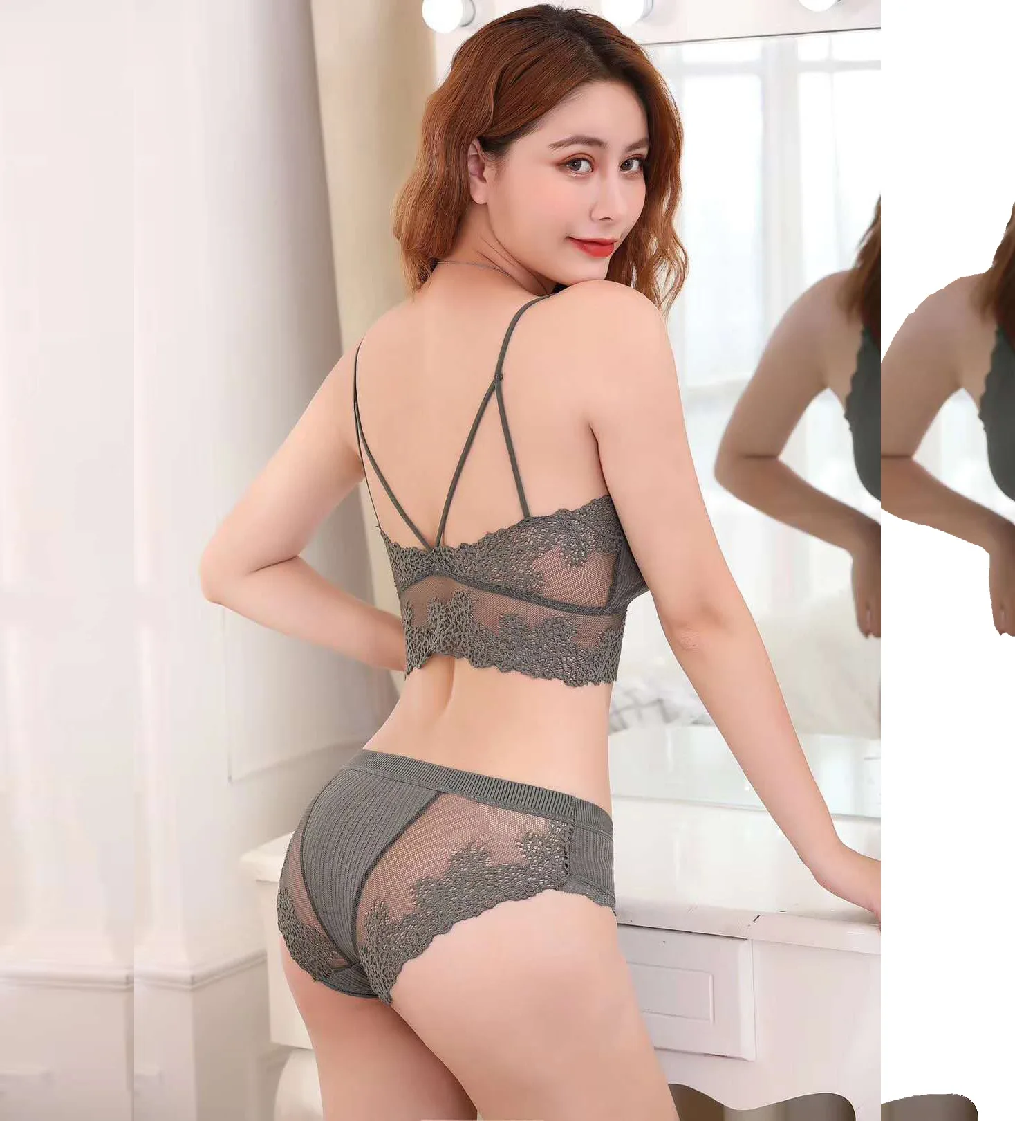 

Women Back Cross Breathable Ladies Pads Halter Vest Seamless Crop Tank Top Lace Bra And Brief Set