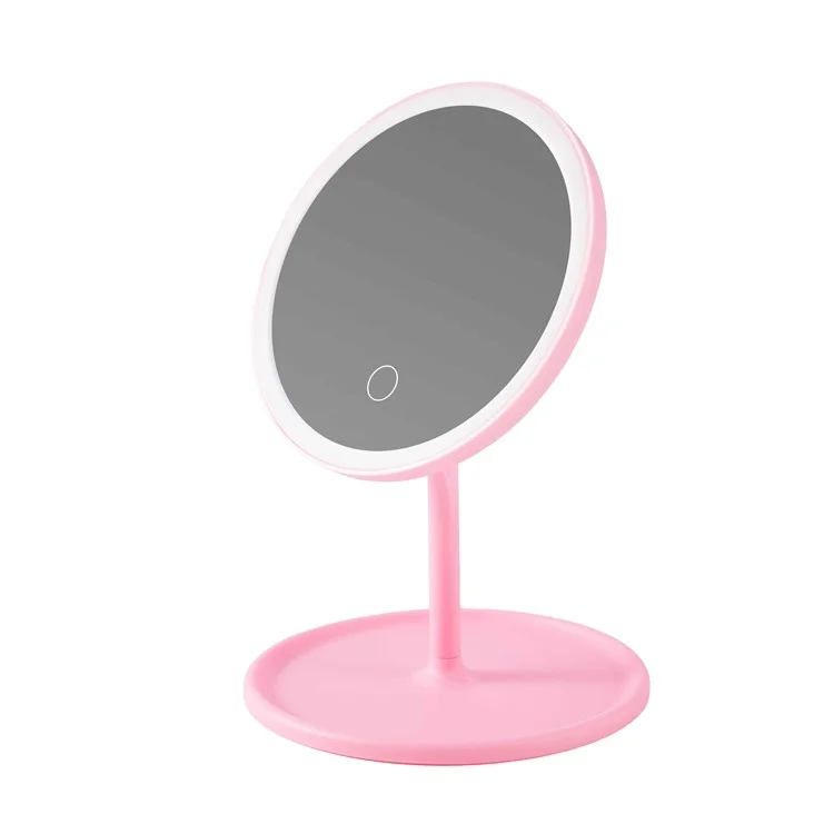 

Round Portable Desktop Cosmetic Smart Table Makeup Mirror with Light Led Vanity Mirror, White,pink