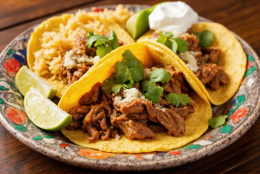 Finished chili verde pork served in corn tortillas with rice, crema, and lime wedges on traditional Mexican ceramic plate