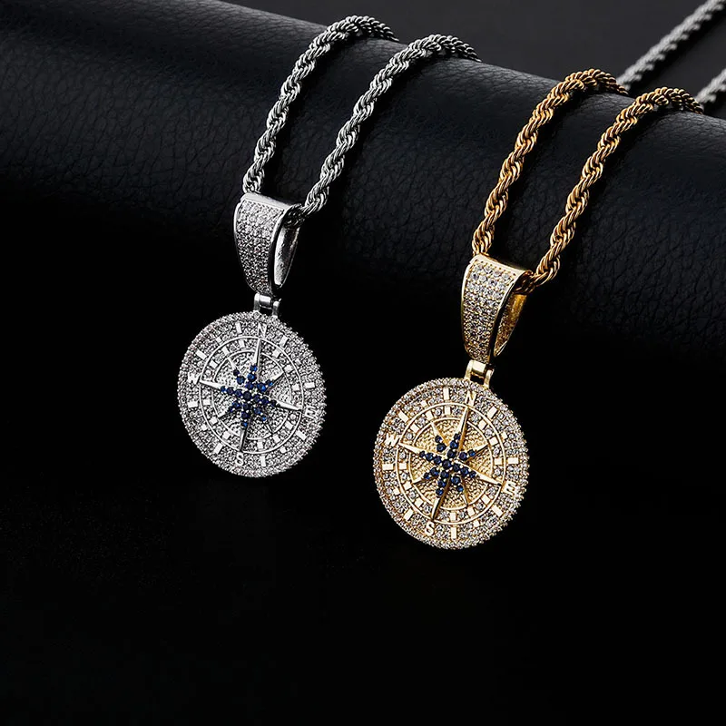 

High Quality Hip Hop For Men Women Rapper Jewelry Iced Out Bling Cubic Zirconia Gold Sliver Plated Compass Pendants Necklaces, Multi color