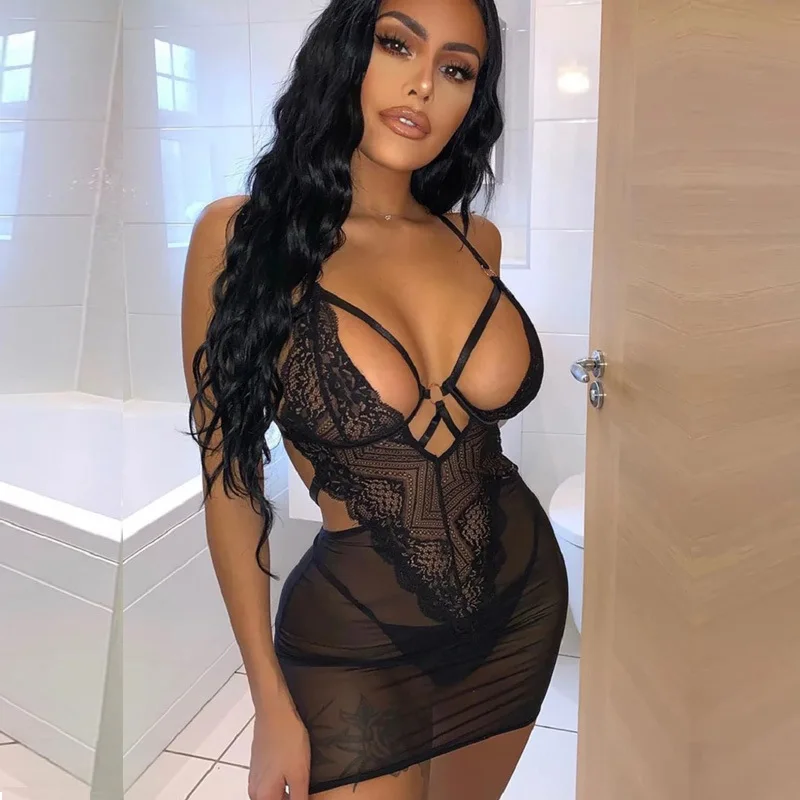 

High quality fashion black hollow out lace mesh women mini dress sexy lingerie, Black with steel ring