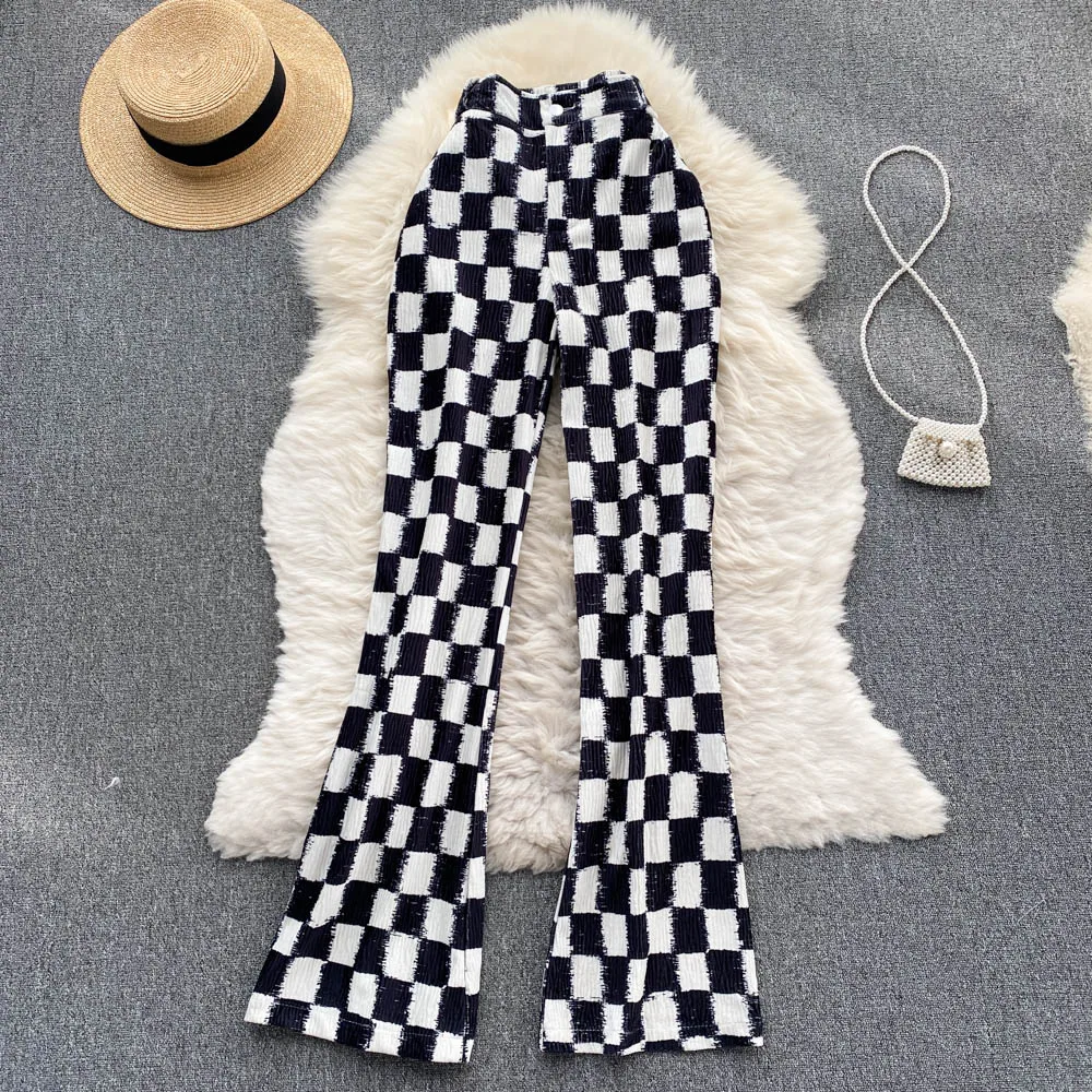 

2022 Fashion Spring Summer Ladies Plaid Casual Trousers Flare Pants For Women, Picture