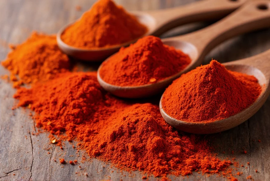 Close-up photography of various red spices including paprika, cayenne, and chili powder arranged in wooden spoons on rustic background