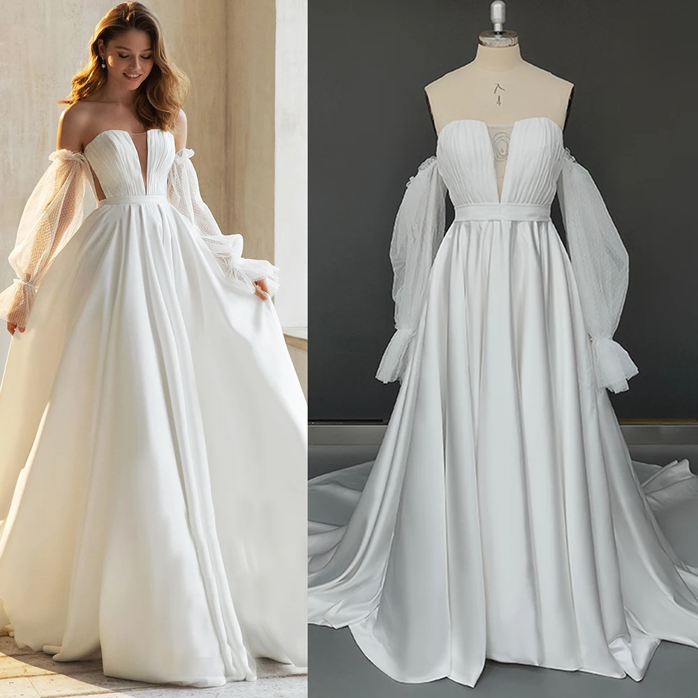 

10382#Strapless A-Line Bohemian Vintage Vestido De Noiva Sweep Train Detachable Sleeves Backless Satin Wedding Dress Bridal Gown