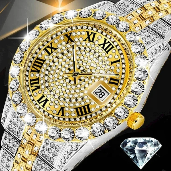 

6073 Men's Hip Hop Iced Two Tone Rapper Bling Luxury Gold Dial Bust Down Metal Watch