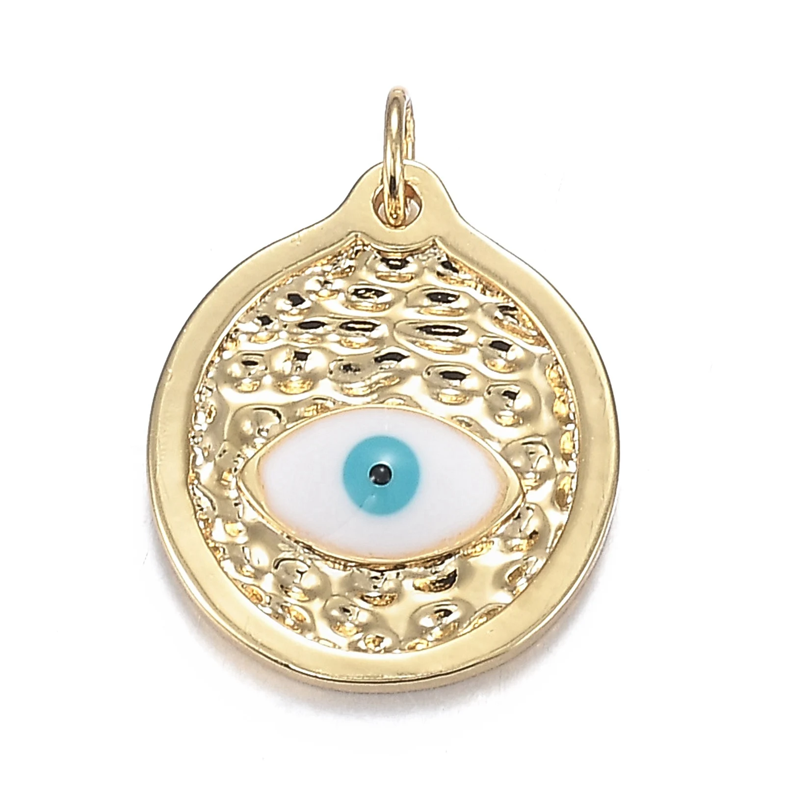

PandaHall Flat Round with Horse Eye White Brass Enamel Pendants