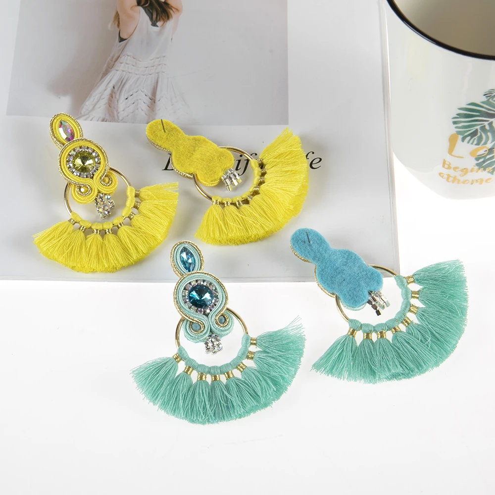 

KPAC0TA New Design Ethnic Style Leather Drop Earrings Fashion Jewelry Women Soutache Handmade Weaving Tassel Hanging Earring, Multi