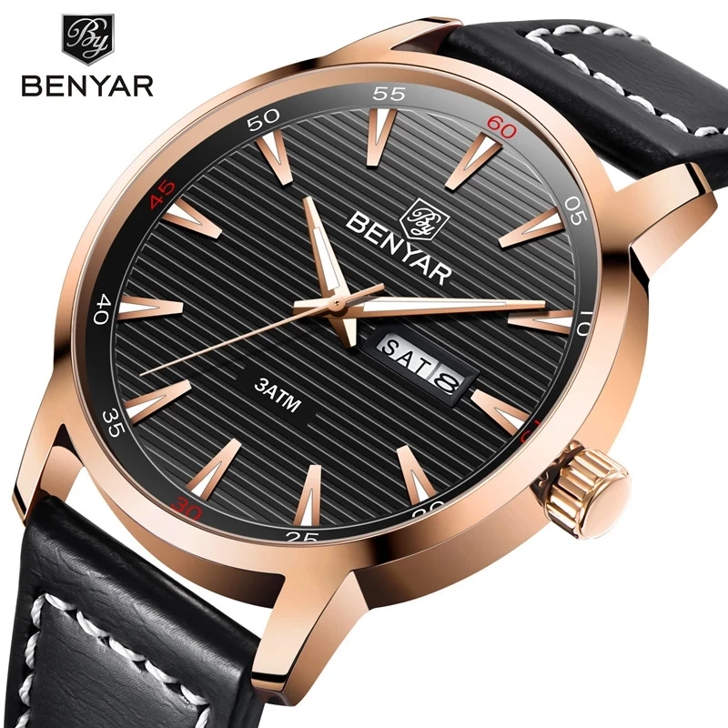 

BENYAR BY 5145 New Men Watch Luxury Brand Automatic Week Date Military Fashion Male Quartz Leather Wristwatch Relogio Masculino