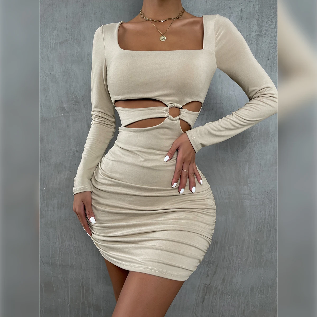 

2021 sexy square collar long sleeve dress autumn and winter new hollow bag hip skirt women fashion casual ladies dress.
