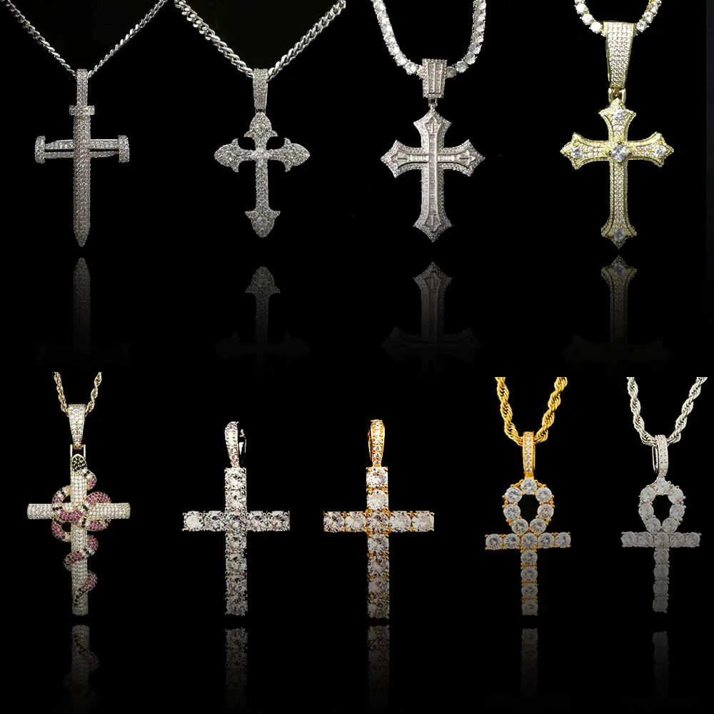 

European and American Hip Hop Retro 3A 5A Zircon Christ Jesus Cross Pendant Custom Hiphop Necklace Jewelry, White/yellow/rose