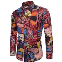 

2020 Fashion Long sleeve Men's shirts Casual Random patchwork Print Linen Shirt