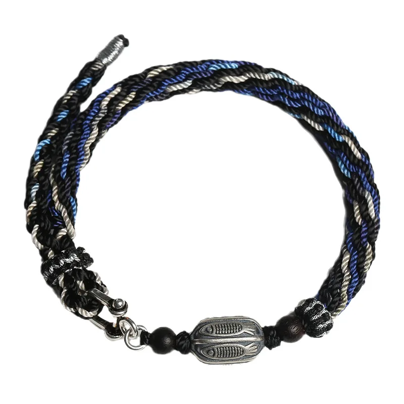 

New Arrival Fish Bead Braid Rope Bracelet for Men and Women's Retro 999 Sterling Silver Horseshoe Buckle Bracelet Jewelry