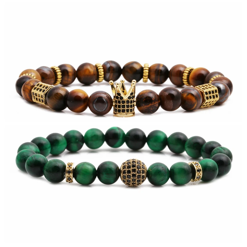 

New design high quality fashion natural stone drill ball handmade beaded charm bracelet crown bracelet men, Picture