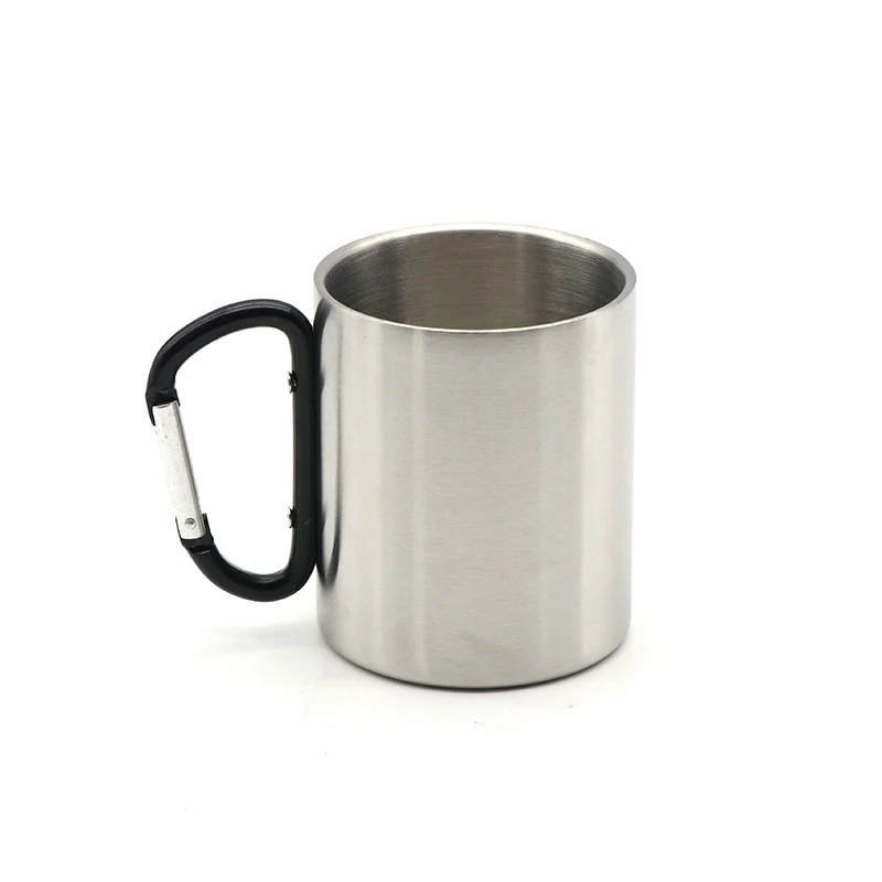 

220ml 300ml outdoor camping travel portable stainless steel coffee cup double walled carabiner mug with handle