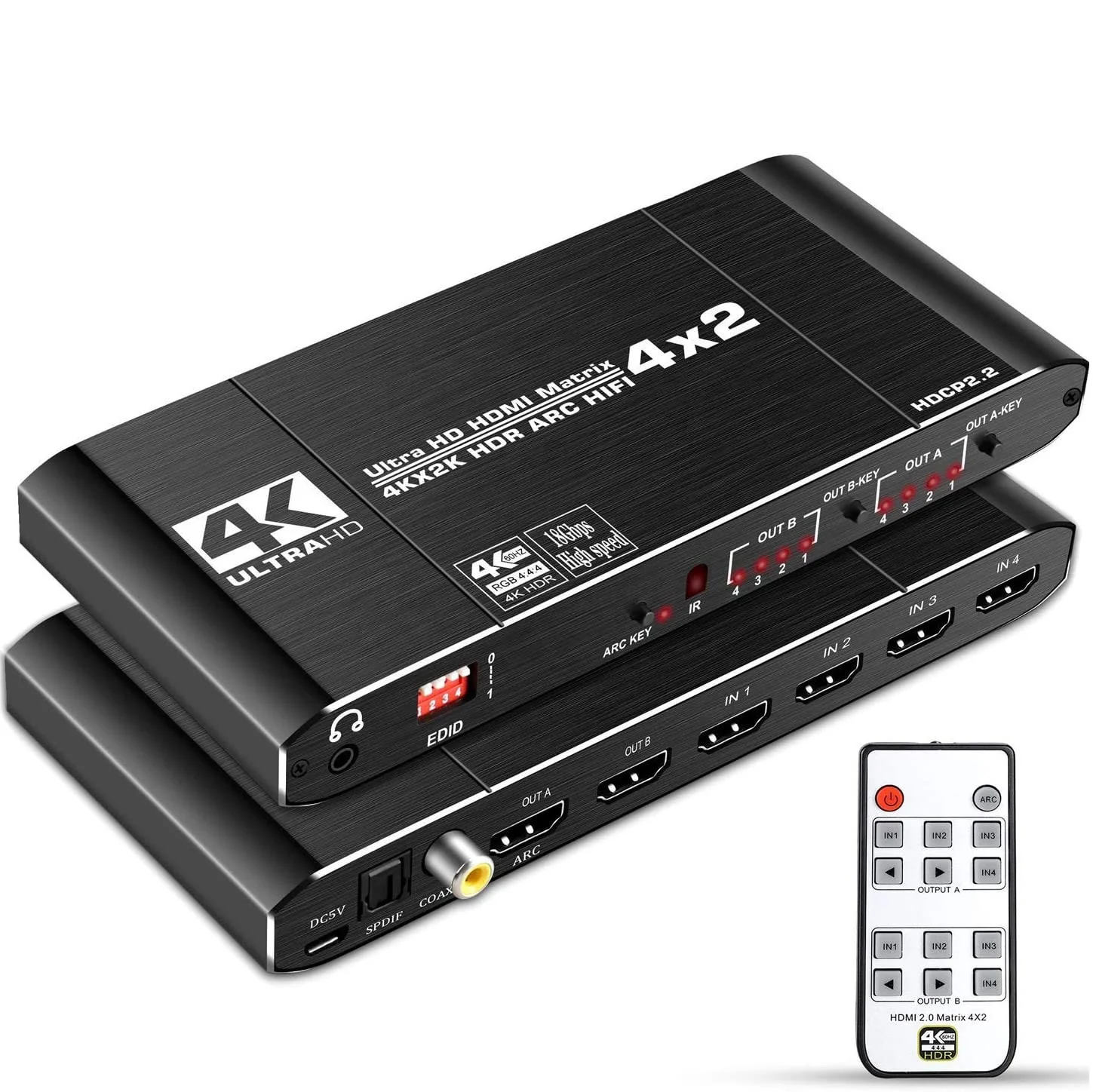 

OZJ2 18Gbps 4x2 HDMI 2.0 Matrix Switch Splitter 4K@60Hz 4:4:4 Switcher 4 in 2 Out with IR Remote Controller Support ARC HDCP 2.2, Black