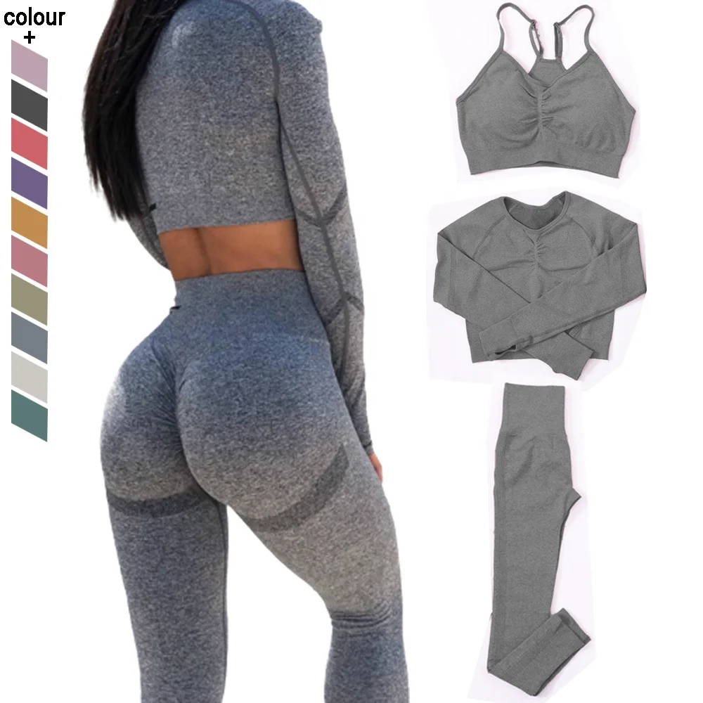
3PCS Womens Workout Clothes Exercise Sportswear Long Sleeves Seamless Yoga Set Activewear Sets For Women  (1600106097808)