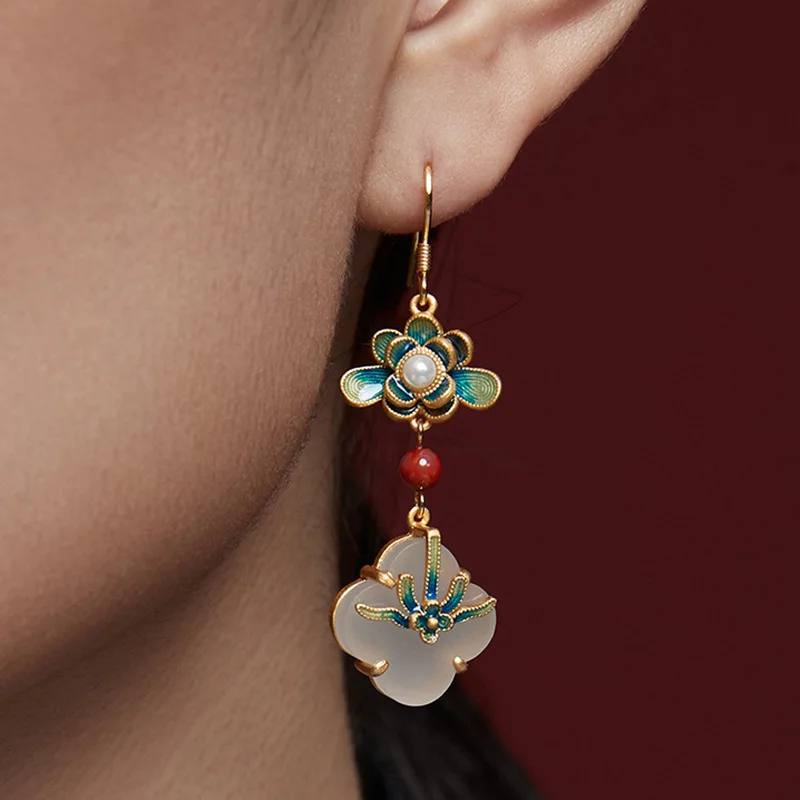 

Handmade Oriental Classical Painted Enamel Earrings Lotus Tassel Jade Earrings, Gold